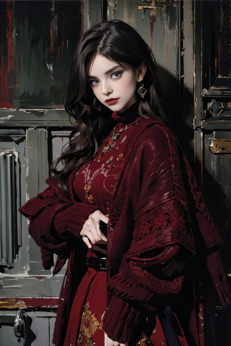 (masterpiece:1.2, best quality), (Vogue magazine cover), Fall/Winter collection, luxurious layers, rich textures, (burgundy and dark tones as primary colors), (model wearing a layered burgundy cardigan with symbolic patterns, paired with a velvet skirt, and intricate knitwear, exuding an air of mystery), (mysterious symbols subtly integrated into the design, adding an aura of power and enigma), (background with deep, moody tones that complement the mysterious and powerful theme, enhancing the layered look).
