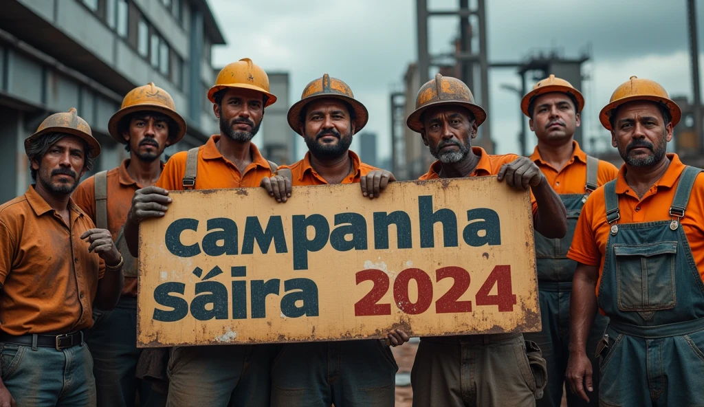 A vivid Canon DSLR photo of Brazilian metalworkers, men and women, standing with determination in front of a modern factory. Their skin and clothing are dirty, with dust and grime clearly visible on their faces and uniforms. They hold a "Campanha Salarial 2024" banner in Portuguese, symbolizing their solidarity. The high-quality image captures every detail, from the dirt on their skin to the texture of their worn clothing.