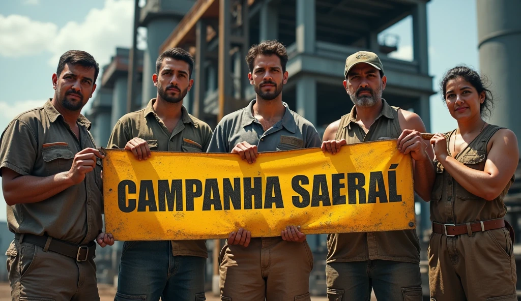 A vivid Canon DSLR photo of Brazilian metalworkers, men and women, standing with determination in front of a modern factory. Their skin and clothing are dirty, with dust and grime clearly visible on their faces and uniforms. They hold a "Campanha Salarial 2024" banner in Portuguese, symbolizing their solidarity. The high-quality image captures every detail, from the dirt on their skin to the texture of their worn clothing.
