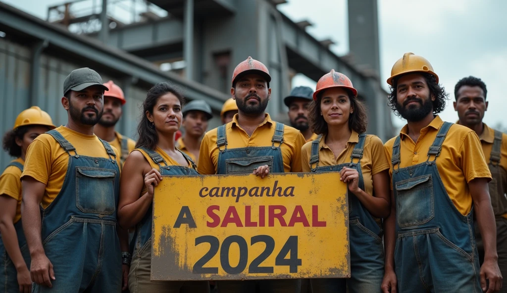 A vivid Canon DSLR photo of Brazilian metalworkers, men and women, standing with determination in front of a modern factory. Their skin and clothing are dirty, with dust and grime clearly visible on their faces and uniforms. They hold a "Campanha Salarial 2024" banner in Portuguese, symbolizing their solidarity. The high-quality image captures every detail, from the dirt on their skin to the texture of their worn clothing.
