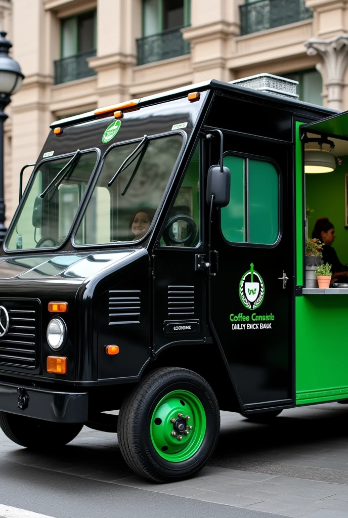 Food truck dcannabico de color negro, green and white ,with green coffee logo