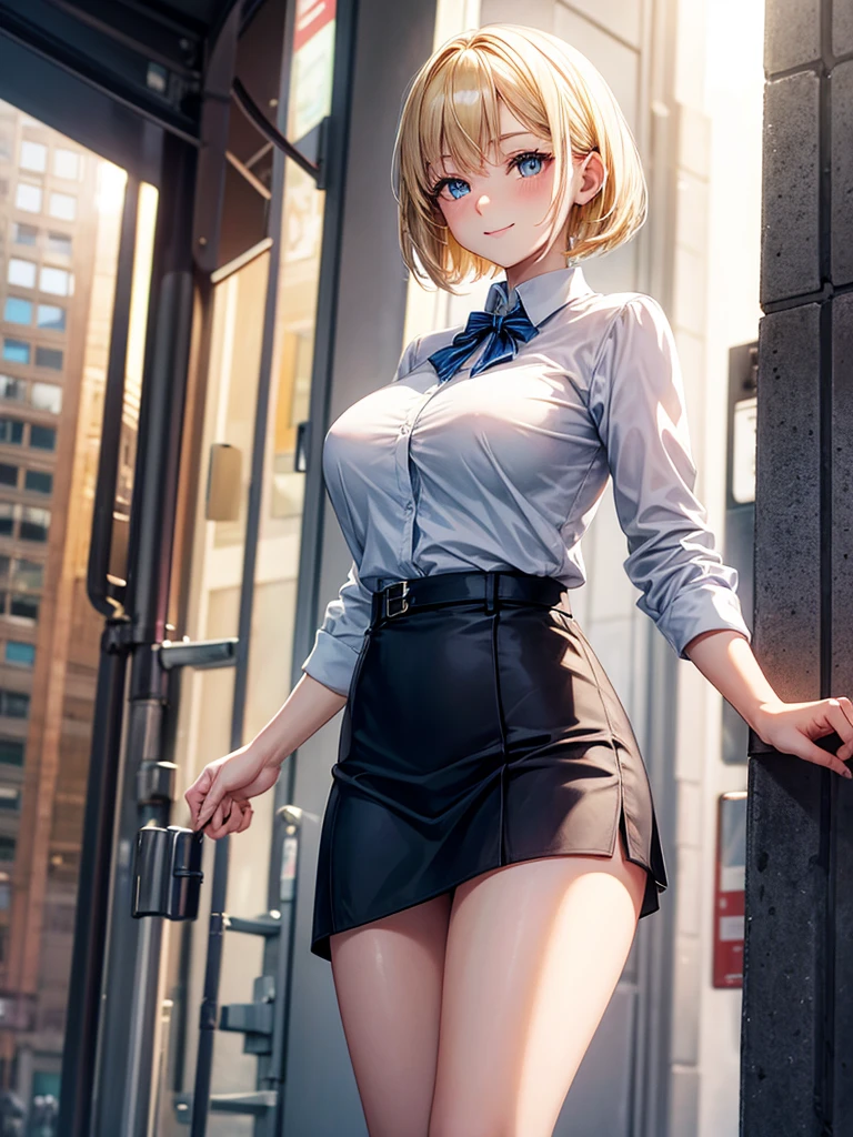 Anime style, super fine illustration, highly detailed, beautiful detailed, pale tone image, static representation, gentle expression, happy expression, 8k, pretty 1girl with blonde straight short hair & blue eyes & a bright smile & full bust & soft fair skin is wearing big white business shirt not to show her skin & black tight skirt & 1business bag, on the business building morning street, in the morning, brilliant particles of lights, romantic stories, solo, perfect fingers, perfect arms, perfect legs, masterpiece.
