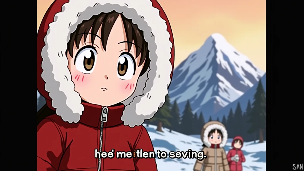 Pan (dragonball gt), fur-trimmed parka, hood up, snow, winter, mountains,