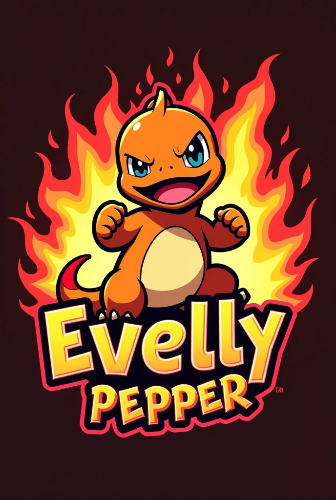 Make a logo for a spicy snack brand with a mascot that will be a very explosive Charmander. The brand name will be Evelly Pepper. Put that in the logo.