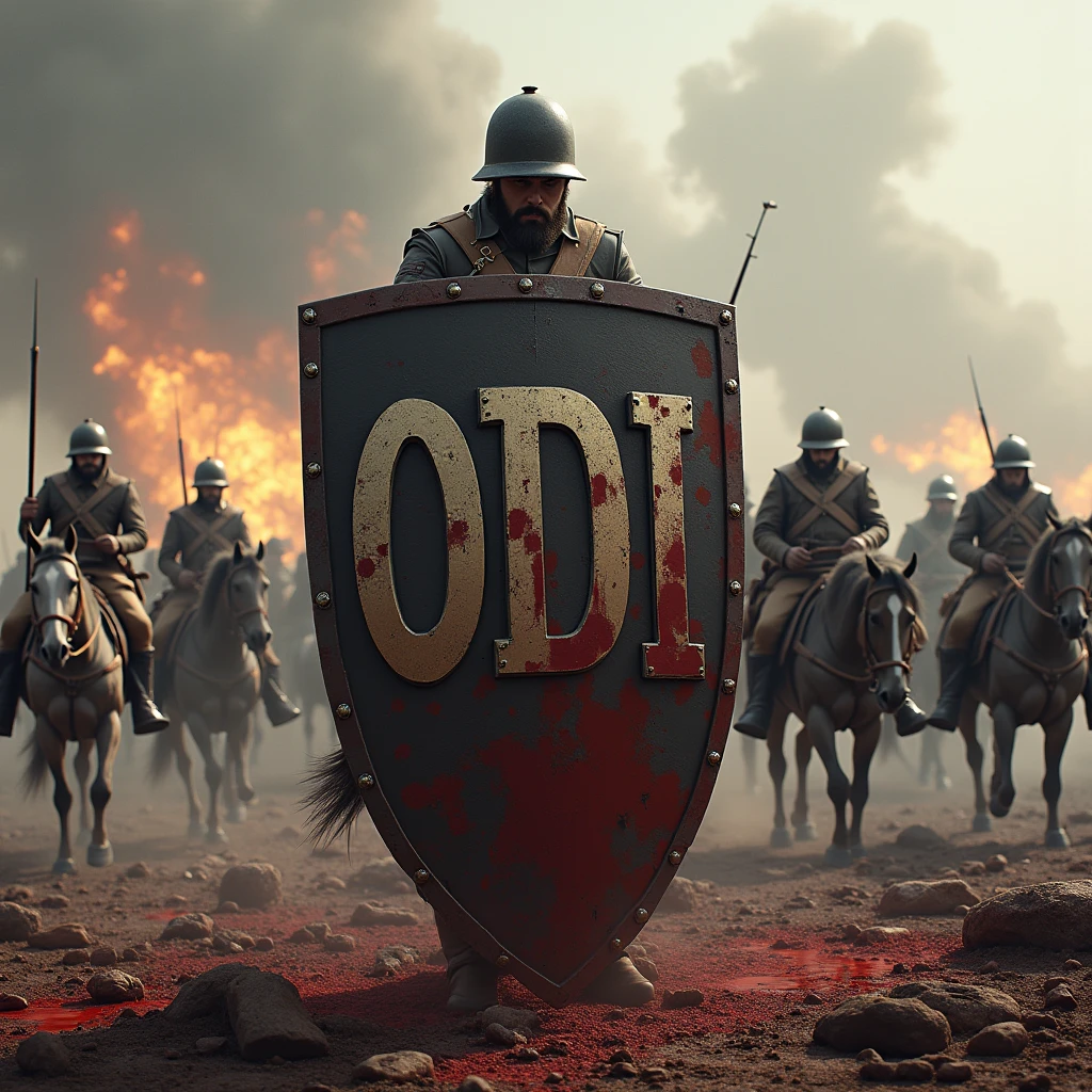 Shield with the name ODI in capital letters, in an epic war environment with soldiers from the First World War behind, horses and weapons, blood and explosions