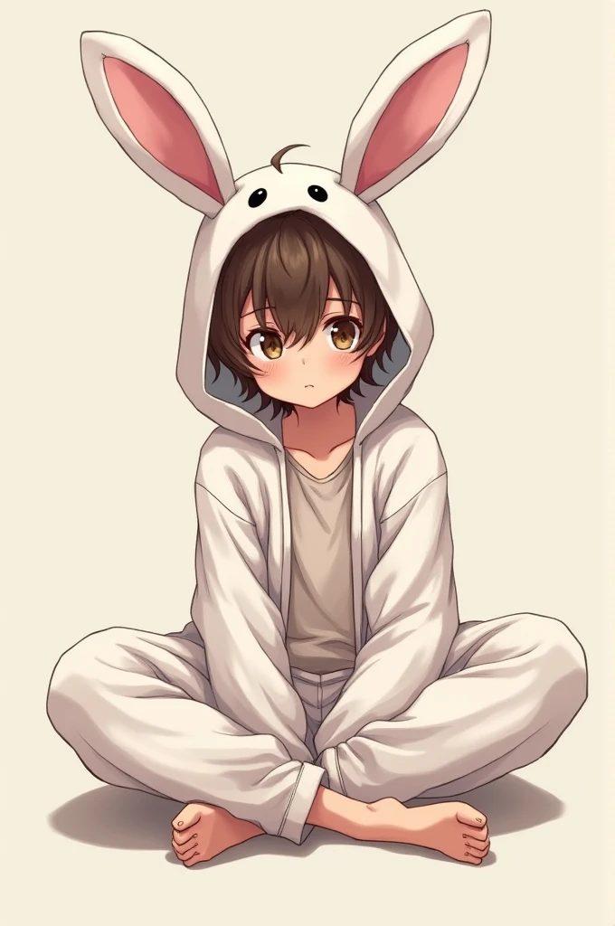 a seventeen year old anime boy, with thick brown hair, wearing an open bunny suit, sitting on the floor and looking at you