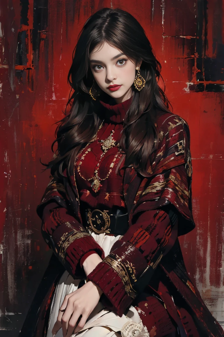 (masterpiece:1.2, best quality), (Vogue magazine cover), Fall/Winter collection, luxurious layers, rich textures, (burgundy and dark tones as primary colors), (model wearing a richly layered woolen coat, with underlayers of soft knit, symbolic patterns woven into the fabric), (subtle yet powerful symbols integrated into the outfit, creating a mysterious and alluring effect), (background with deep, rich hues that accentuate the layered and textured look).
