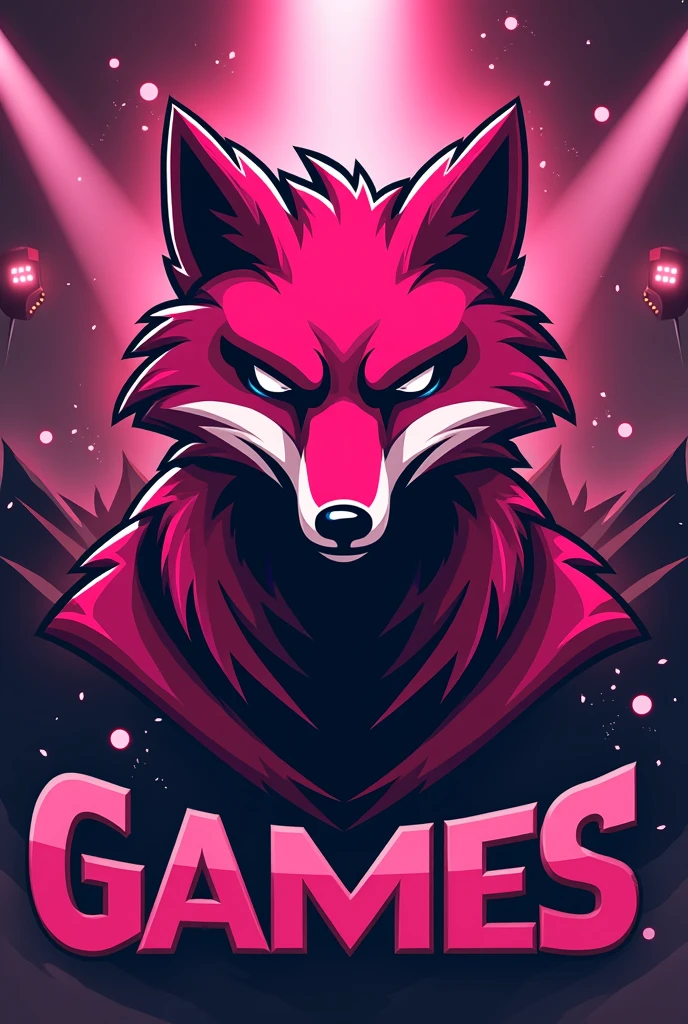Sports logo of a room in competitive games, the color of the room is pink, and must show the mascot which is a pink fox, a little aggressive, showing the competitiveness and determination of sports games
