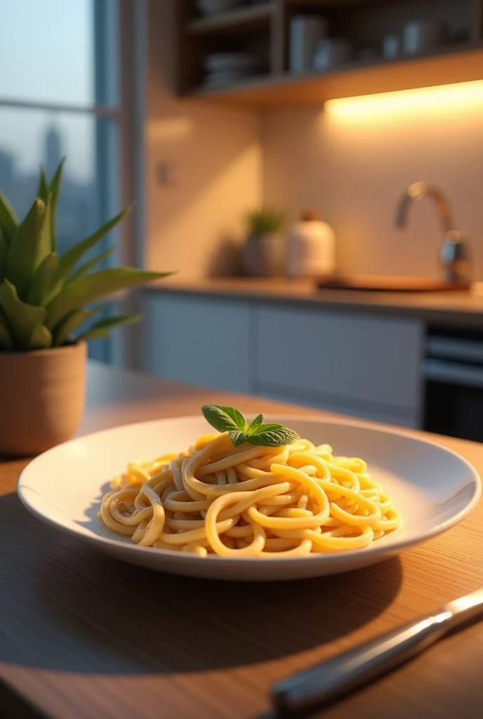 Mutfak tezgahında duran bölenez soslu makarna,zaman akşam