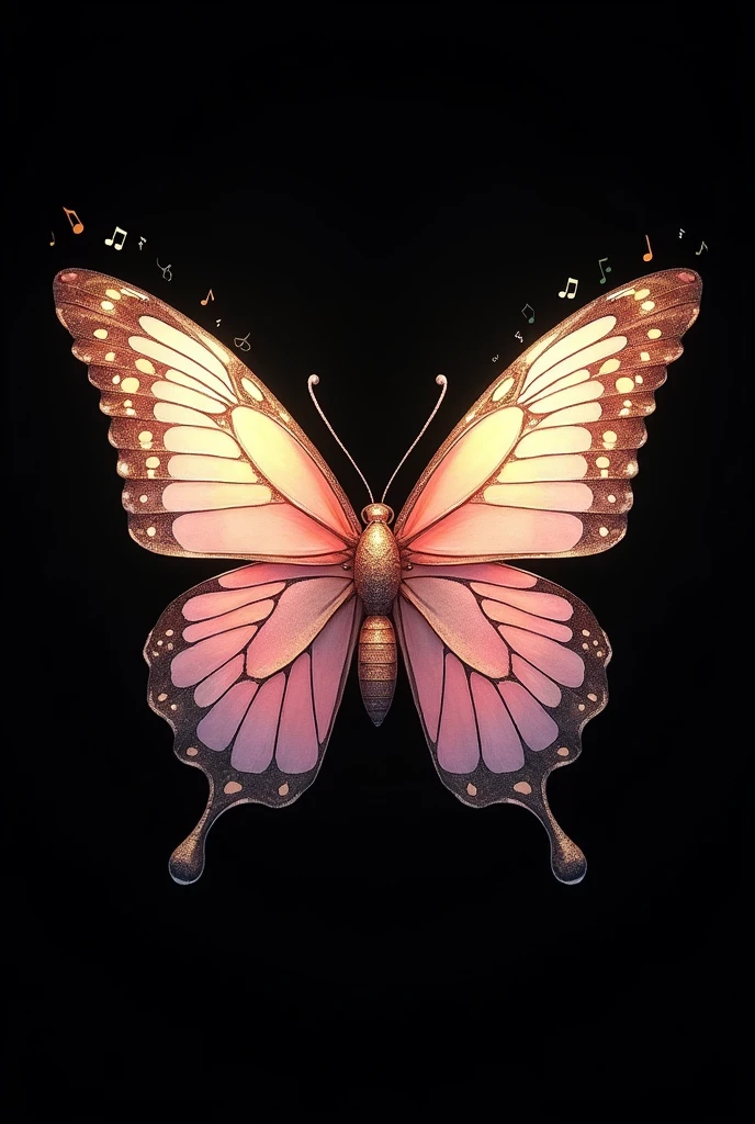 Completely black background with a butterfly in the middle of the screen, with colors in combination with pale pink and gold, iridescent and mythical art style, that has hidden details within the structure of the drawing referring to a parrot, a sea turtle and a musical note