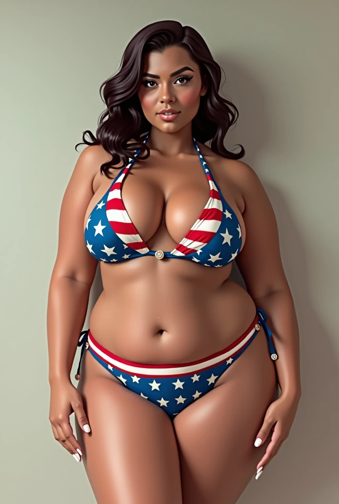 ((large breasts)), bored facial expression, ((american flag bikini)), (rich hat), (black skin)