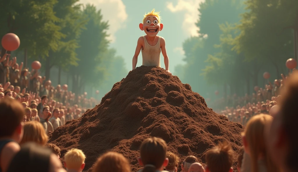 Im Stil von Pixar 3D-Animation filmen (Caricature). A blond man, skinny figure, dirty white undershirt, grinning evilly stands out from a large pile of feces. People stand around and pay homage to him.
