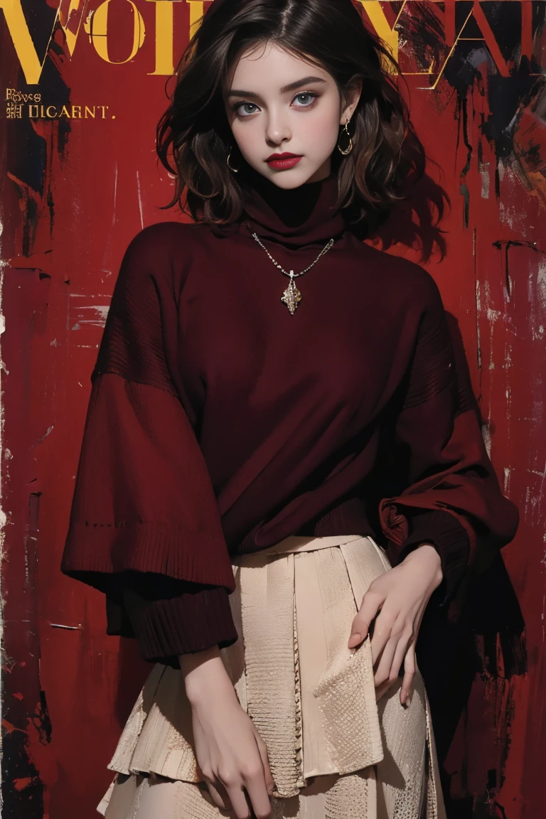 (masterpiece:1.2, best quality), (Vogue magazine cover), Fall/Winter collection, luxurious layers, rich textures, (burgundy and dark tones as primary colors), (model wearing a sophisticated layered ensemble, with a burgundy cardigan over a turtleneck sweater, and a long, textured skirt), (mysterious symbols delicately incorporated into the knit, enhancing the enigmatic aura), (background with moody, dark tones, adding depth to the layered design).
