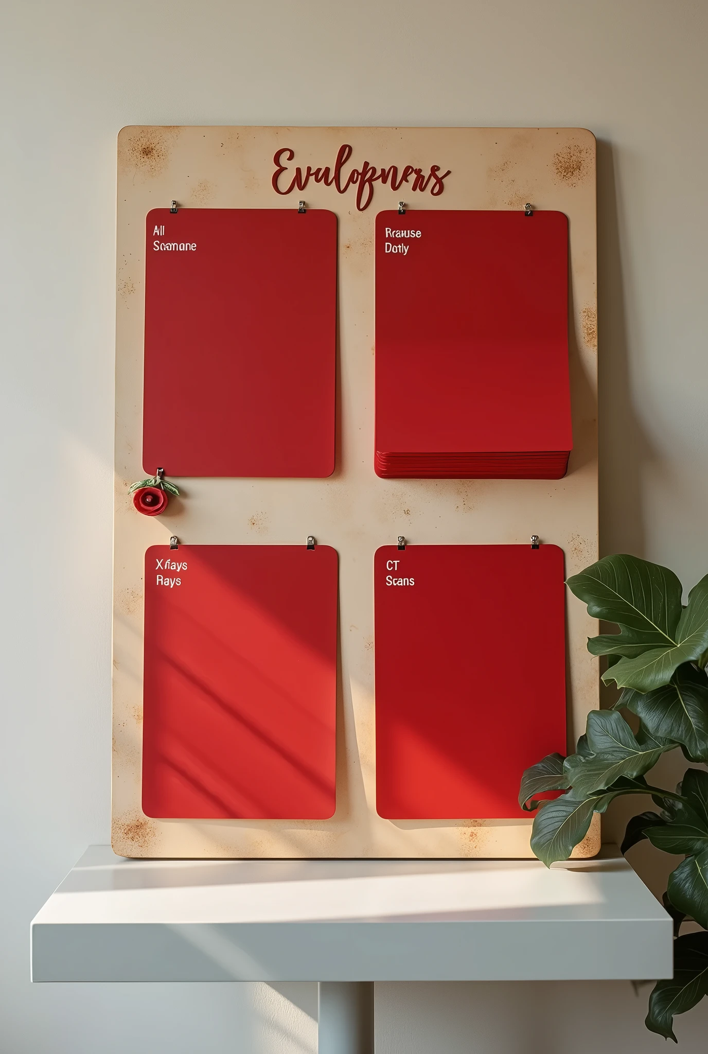 A nicely decorated sign with nursing stuff to put at the nursing station, containing 4 red spaces to put sonography envelopes, X-rays, ultrasounds and CT scans, and a neutral colored background paper
