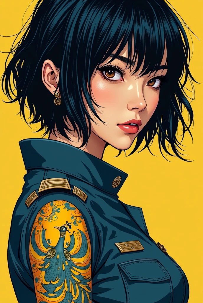 Imagine a woman of exotic beauty, Asian physiognomy but not with an Arabic touch, skin as white as porcelain, brown slanted eyes, thick eyebrows, with a look that can be both soft and intense.with a neotraditional Japanese yellow peacock tattoo,on his arm, contrasts with his pilot uniform, revealing a complex and fascinating personality.Comic short dark blue-black hair prominent nose large slightly elongated face comic type tall thin build