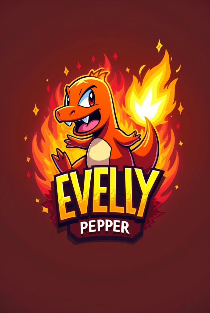 Make a logo for a spicy snack brand with a mascot that will be a very explosive Charmander. The brand name will be Evelly Pepper. Put that in the logo.