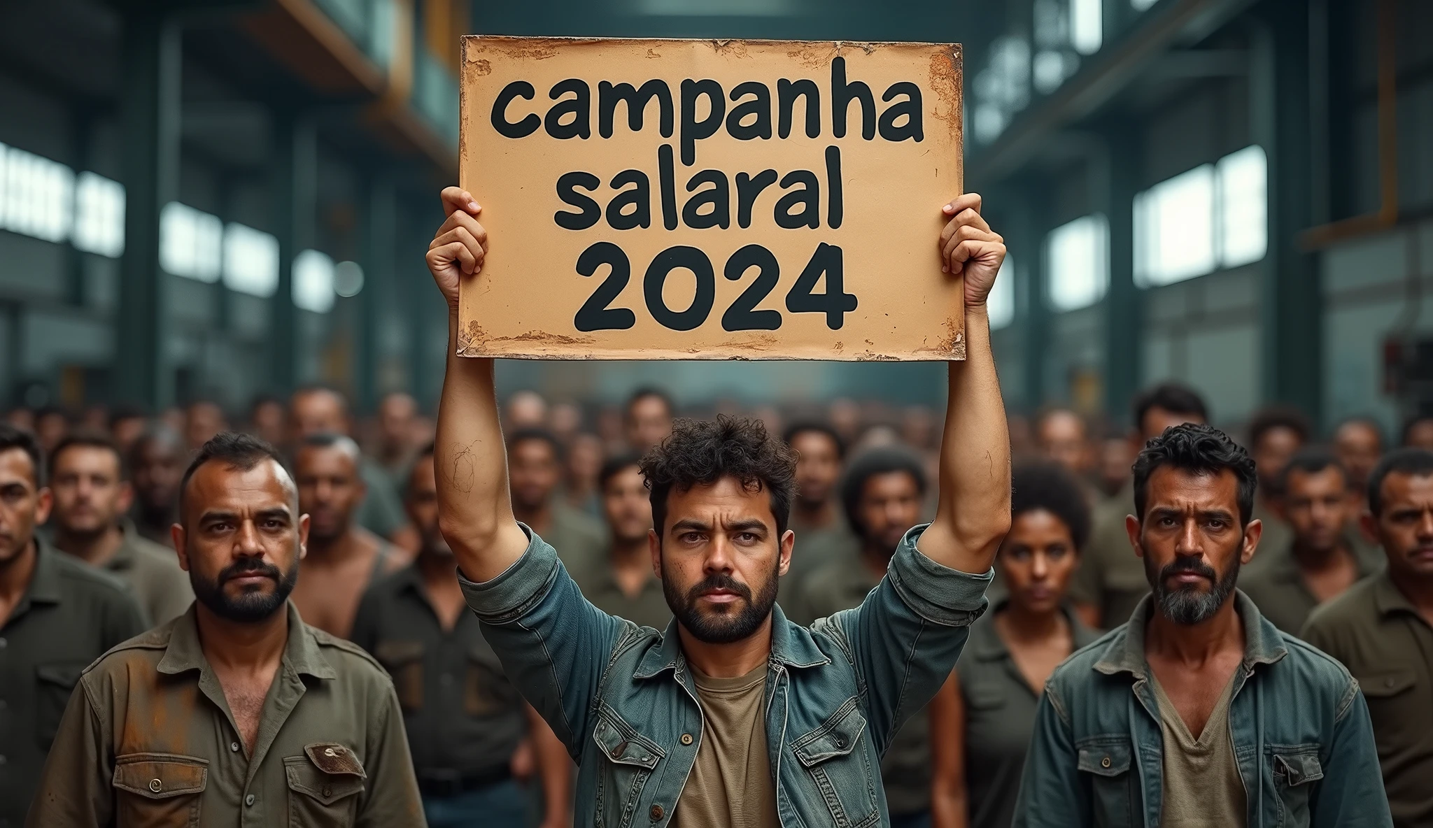 A high-quality Canon DSLR photo of Brazilian metalworkers, men and women, standing firm in front of a modern factory. Their skin and clothing are dirty, with smudges of dirt on their faces, arms, and uniforms, contrasting with the crispness of the image. They hold a blue and white "Campanha Salarial 2024" banner in Portuguese, symbolizing their united struggle for better wages. The photo captures the details of their determined expressions and the texture of the dirt on their skin.
