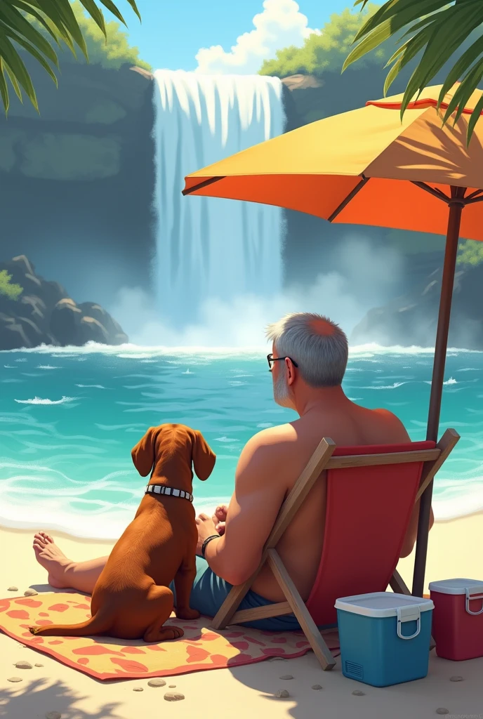 I am a stocky middle-aged man with my caramel hairy dachshund dog looking at the ground sitting on the beach chair at the waterfall looking at the horizon and with a parasol and a cooler
