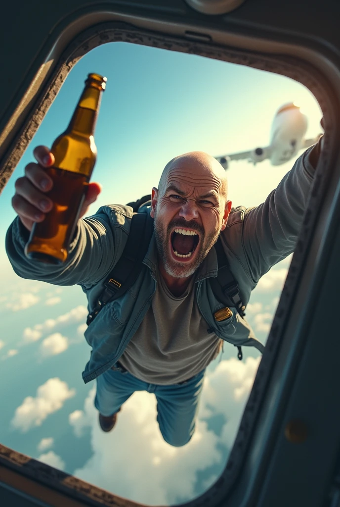 Plane flying and at the door of the plane a bald human is throwing himself with a bottle of beer in his hand
