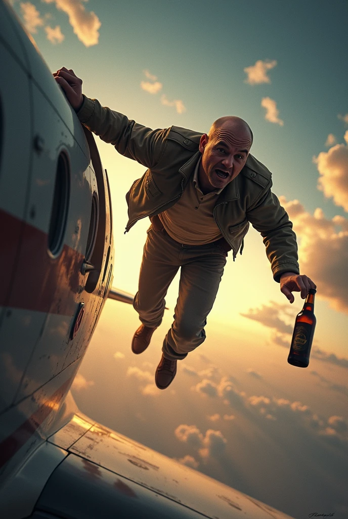 Plane flying and at the door of the plane a bald human is throwing himself with a bottle of beer in his hand