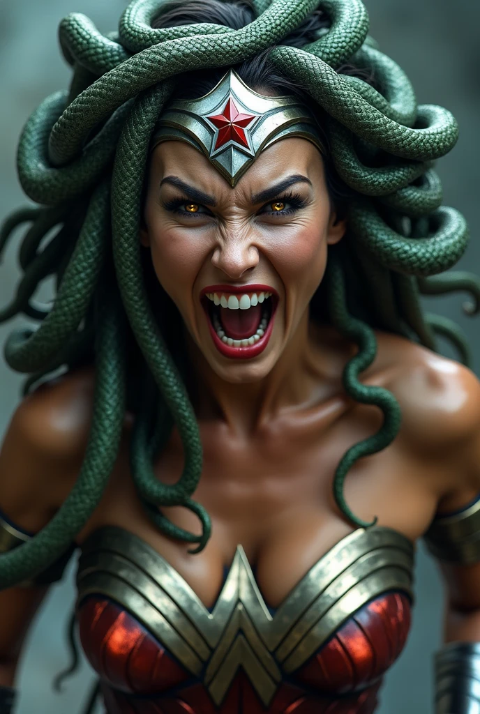 Greek mythology Medusa Wonder Woman snakes on her head (((Silver metal diadem with a red star on its front))),(((Wonder Woman Red Leather Corset Costume))),(((Scary and terrifying images this woman is screaming silver metal bracelets))),(((snake Eyes ))),(((Fangs)))