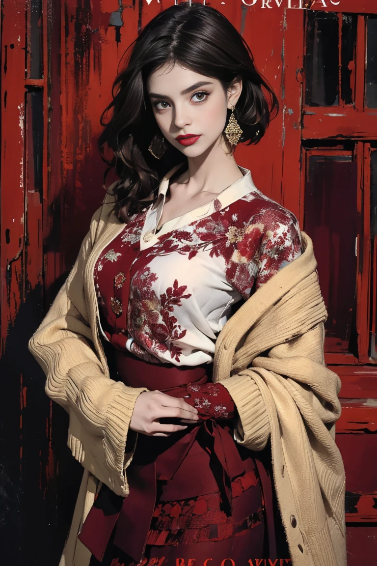 (masterpiece:1.2, best quality), (Vogue magazine cover), Fall/Winter collection, luxurious layers, rich textures, (burgundy and dark tones as primary colors), (model wearing a rich, layered cardigan over a symbolic-patterned blouse, paired with a long, textured skirt), (mysterious and powerful symbols subtly incorporated into the design, adding a sense of enigma), (background with deep, moody colors that enhance the layered and intricate design).