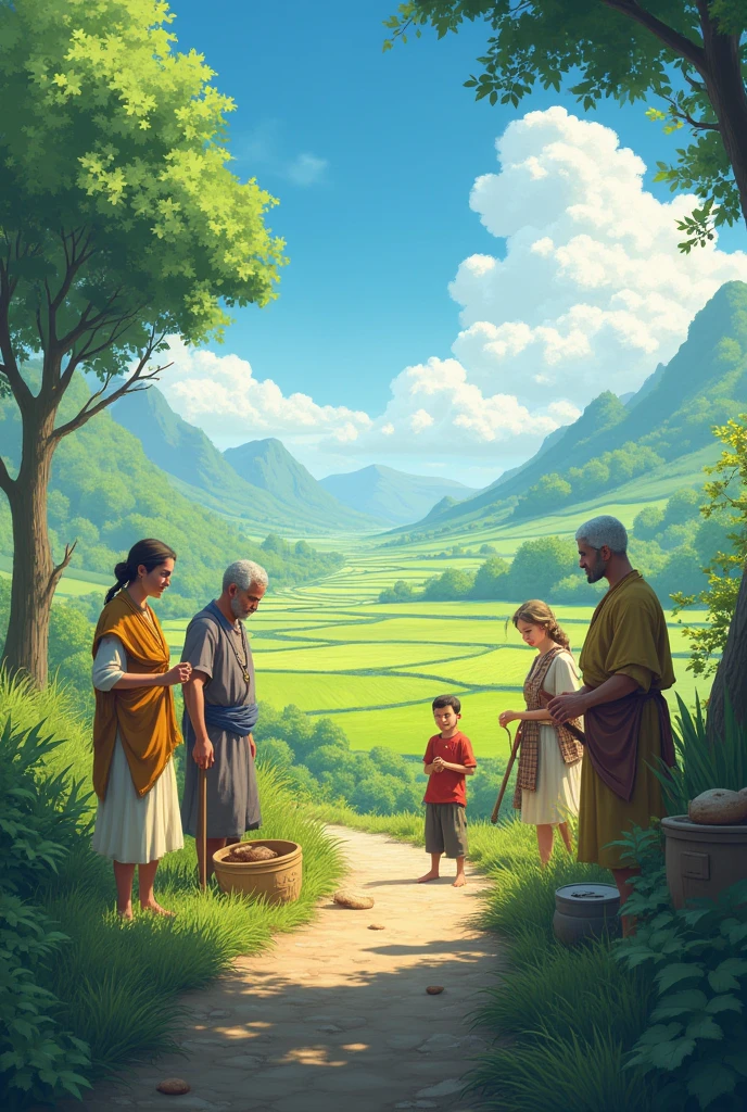 "A reflective and conclusive scene illustrating the village's newfound knowledge and harmony. Show villagers working together, with a backdrop of lush fields and a clear sky, symbolizing prosperity and well-being thanks to education."