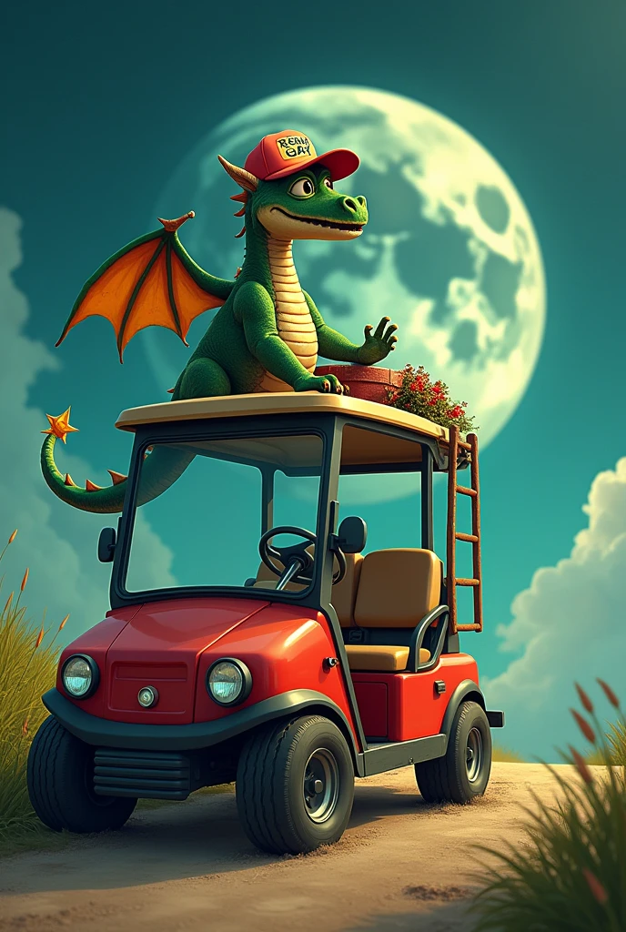 a red golf car with green details and a ladder on the roof traveling towards the moon, with a dragon riding and wearing a cap that says Renan gay