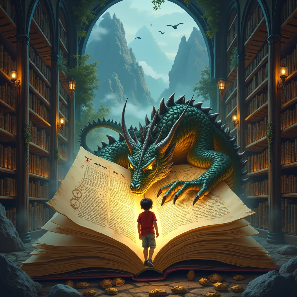 A young adventurer finds an ancient book in a mysterious library, depicting a sleeping dragon in a magical kingdom.