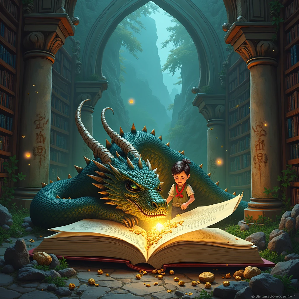 A young adventurer finds an ancient book in a mysterious library, depicting a sleeping dragon in a magical kingdom.