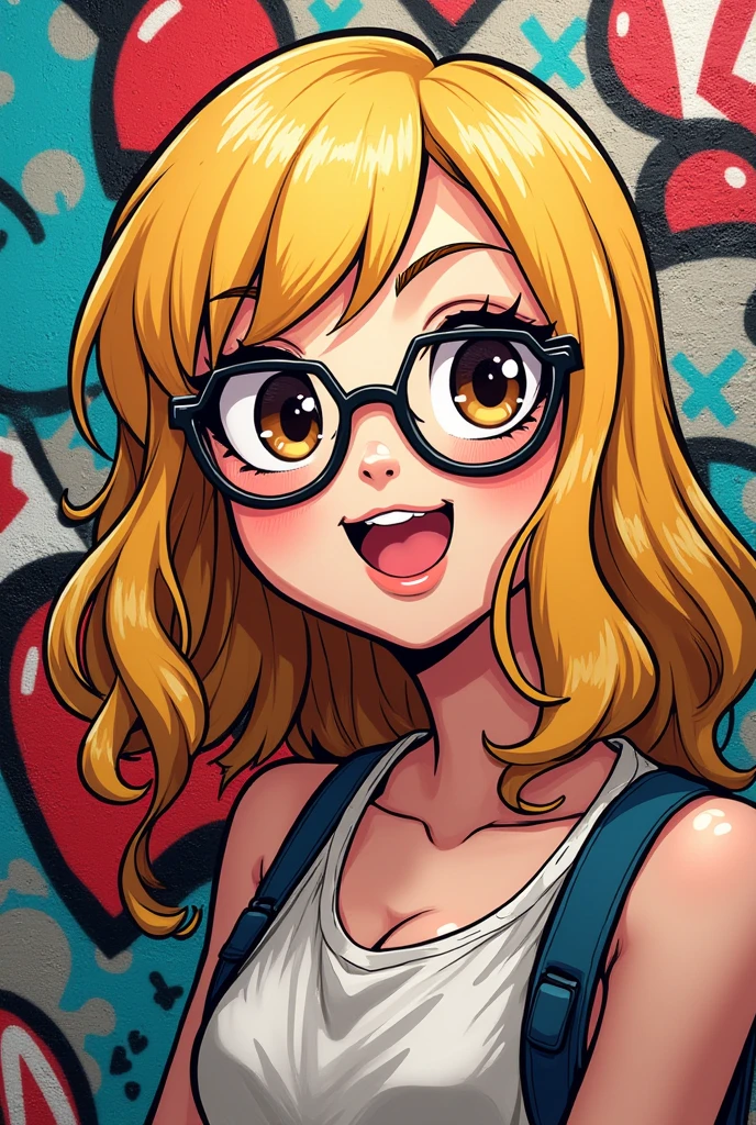 create a drawing of a female game character in the style of mario bros graffiti with straight blonde hair with highlights and curls at the ends, dark brown eyes and white skin/curtain, hexagonal glasses