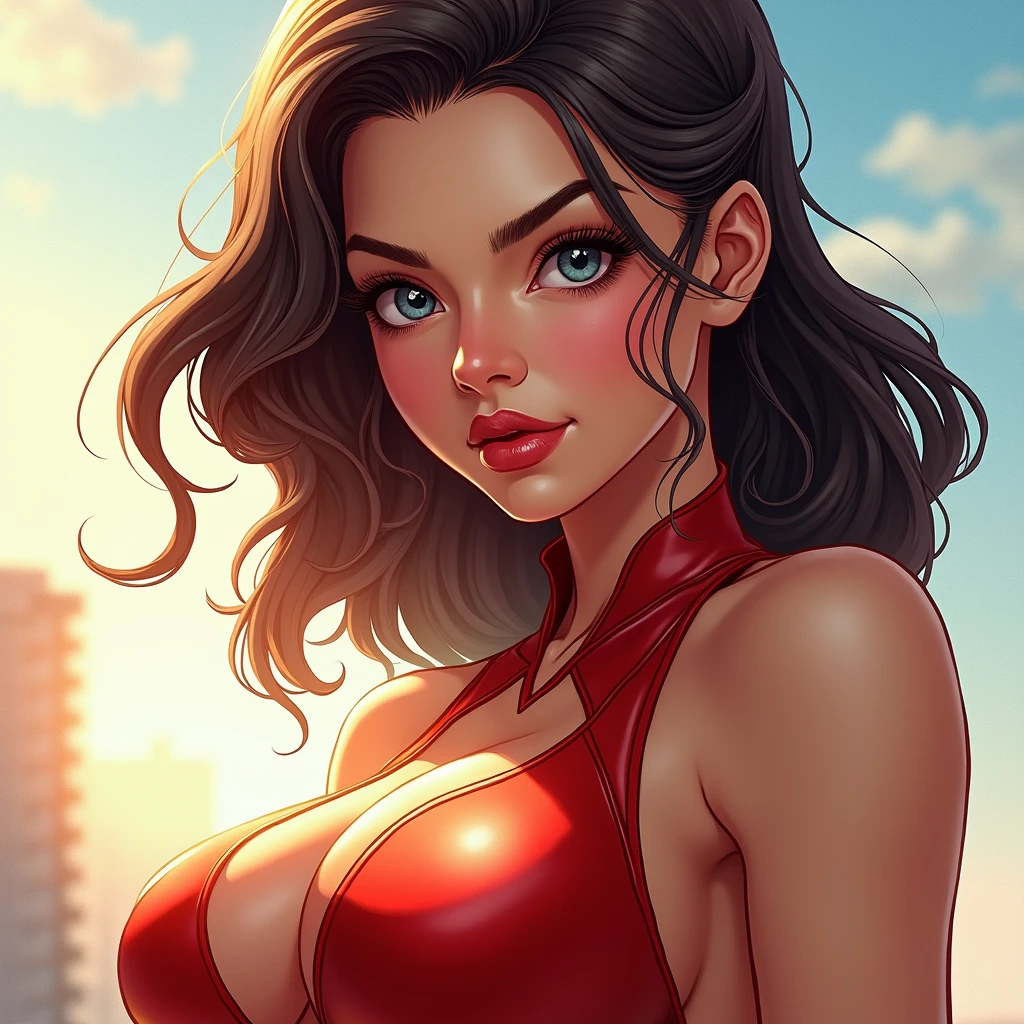 ((masterpiece)), ((best quality)), (detailed), perfect, solo, pauline, gorgeous woman with red bikini, luscious lips, long hair, huge breast, deep cleavage, huge breasts, sexy, (((in a New Donk City))), (((oiled skin)))