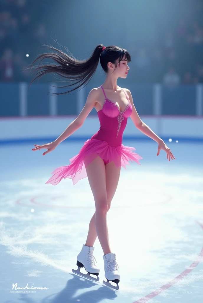 A white-skinned Asian woman with black hair and bangs and a ponytail, with eyes closed skating on ice, curving the body in the shape of the letter C, near the screen in a bright pink leotard
