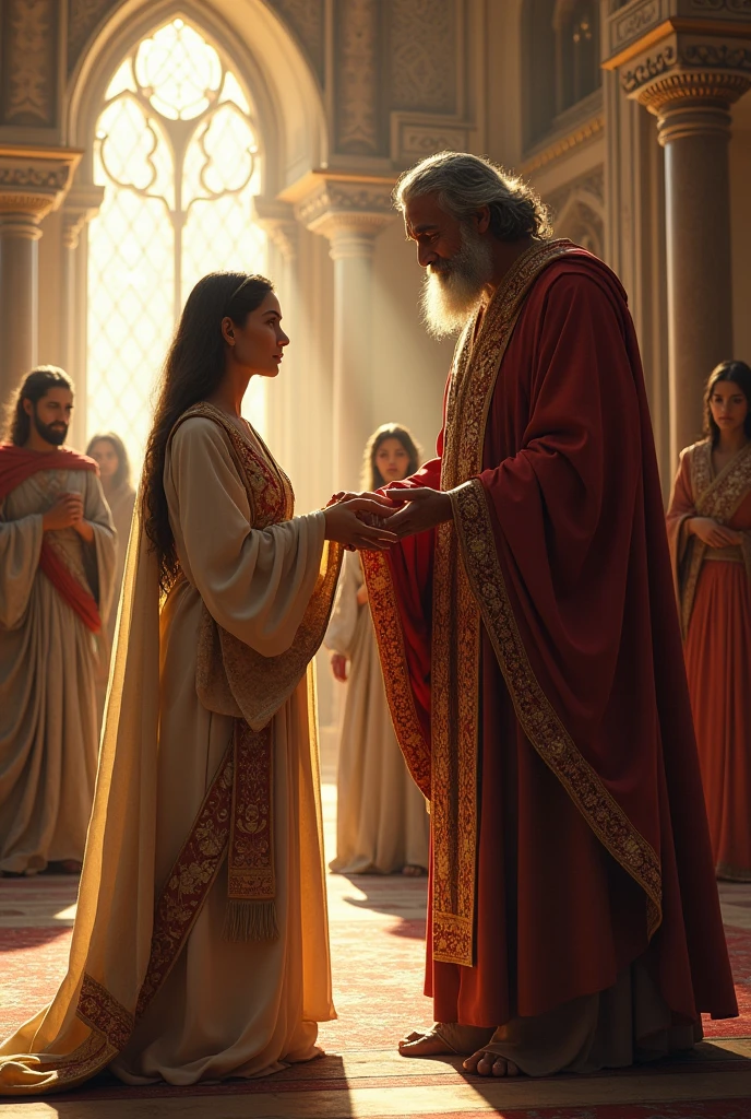 Israelite mother presenting her Israelite son in robes to an Israelite priest all in fine and elegant robes and stoles lively
