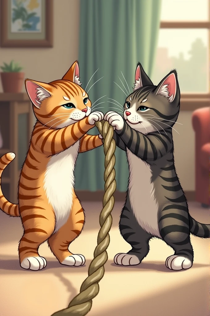 Dessin de deux chats qui tirent une corde 