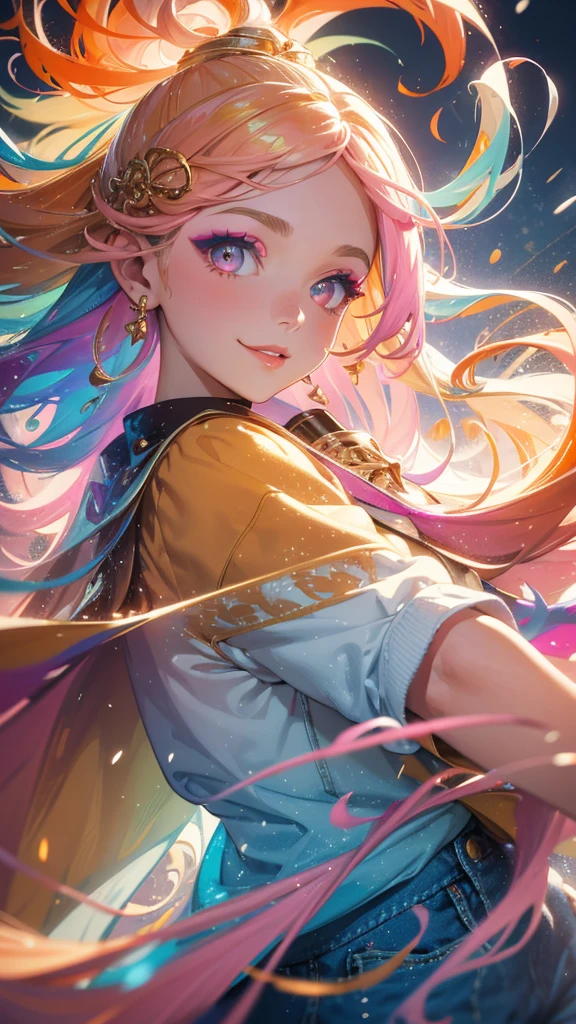 Masterpiece, best quality, one smiling girl, colorful light background, (snow falling) ((swirling swirls, colorful hair)), wearing white shirt and denim shorts, ((long hair)), ((right side)), emotional face, face close-up, studio light, studio, (((makeup portrait, pink eyeshadow))), ((gold and orange swirling swirls on face, colorful snow, lots of feathers)), bold pose, shot from different angles