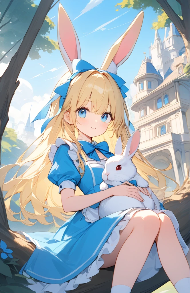 ((Amazingly absurd)),超High resolution, Attention to detail, high quality, High resolution, 最high quality, 4K, 8k,Fairytale background、Alice in Wonderland、Blue Costume、Blonde、Blue Eyes、Sitting on a tree、(Rabbit on lap:1.2)