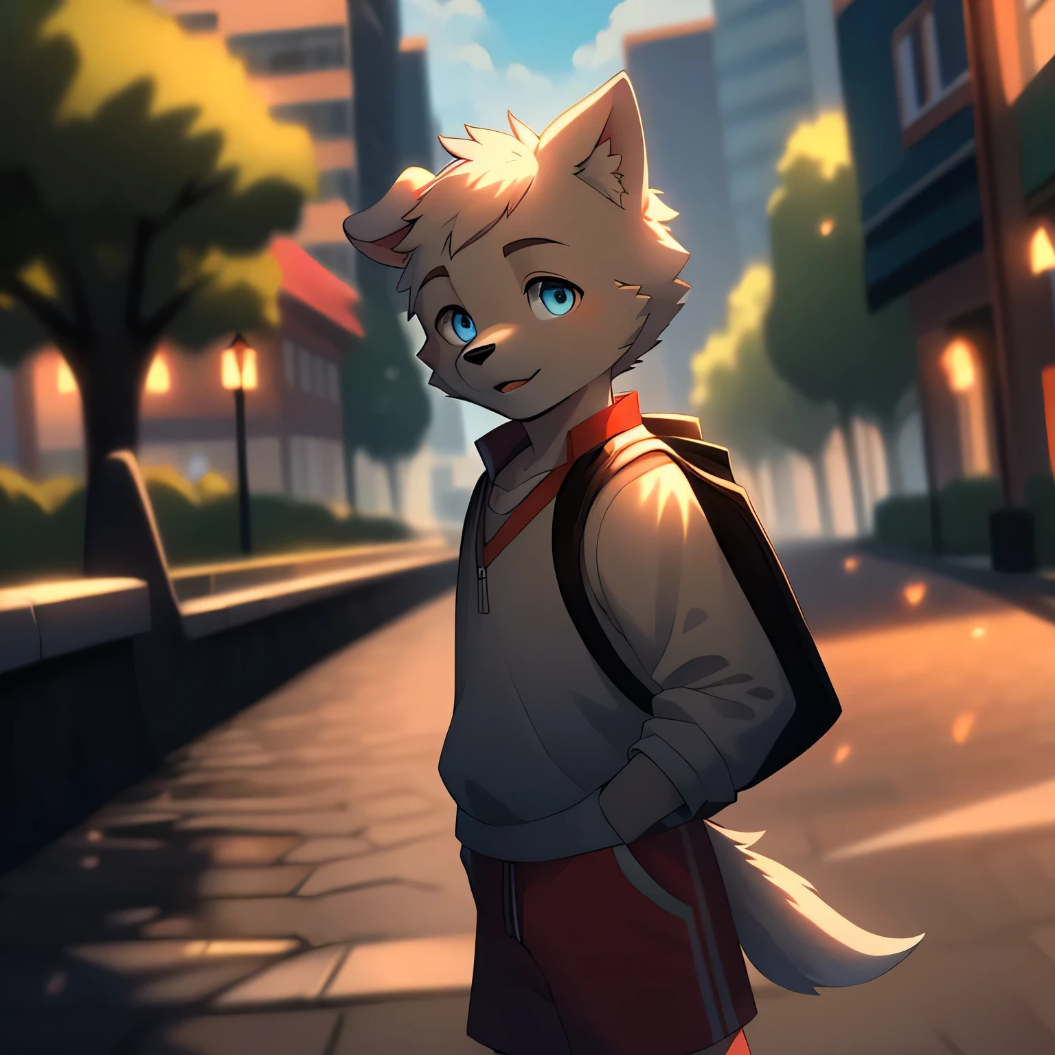 anthropomorphic male dog,White fur,No hair,blue eyes,wearing white,Red shorts,The location is in the park during the day