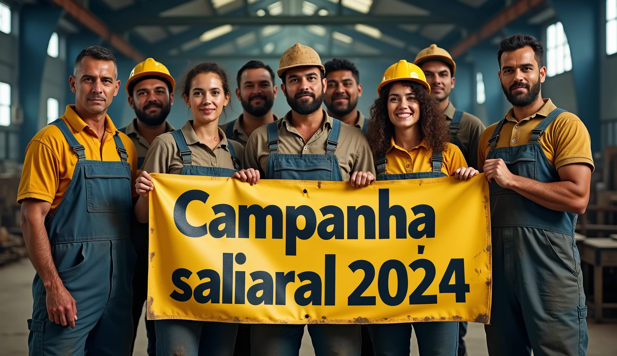 A Canon DSLR-quality photo of Brazilian metalworkers, men and women, standing together before a large modern factory. Their skin and clothing are covered with dirt and smudges, visible in the sharp details of the image. They hold a "Campanha Salarial 2024" banner in Portuguese, their expressions showing unwavering resolve. The clarity of the photo highlights the textures of the dirt on their skin and the wear on their uniforms.