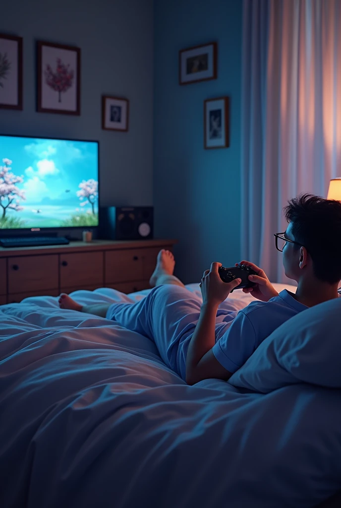 Make a person in first person view playing video games on TV in bedroom lying on bed