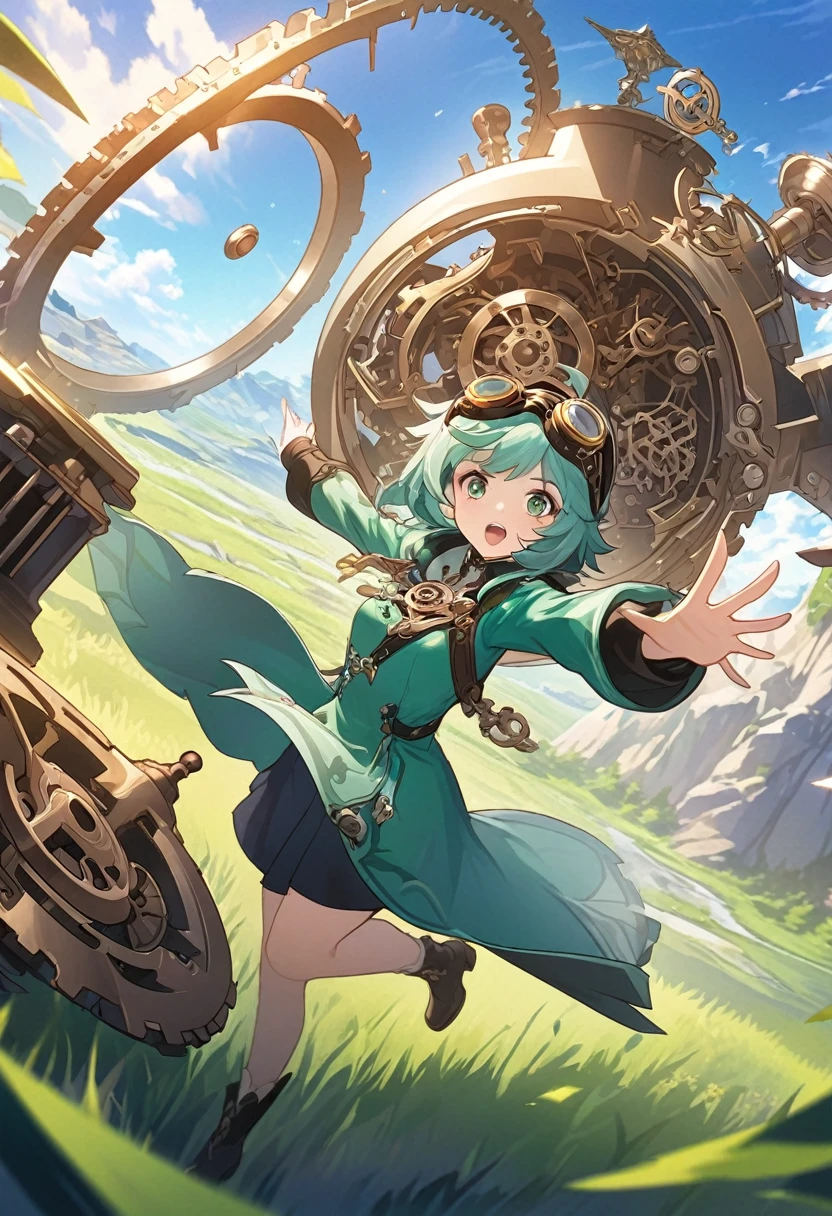 Animagine XL, anime, genshin, detailed illustration, dynamic angle, ultra-detailed, illustration, beautiful illustration, elegant illustration, human, 1girl, inventor, clockwork, gizmos, green tunic goggles, blue sky, green grass, cliffs, clouds, wind, blue sky