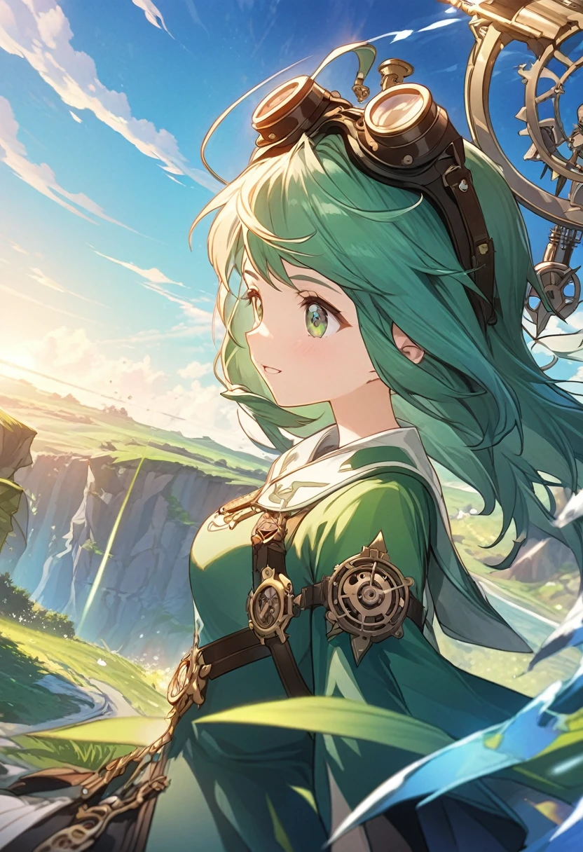 Animagine XL, anime, genshin, detailed illustration, dynamic angle, ultra-detailed, illustration, beautiful illustration, elegant illustration, human, 1girl, inventor, clockwork, gizmos, green tunic goggles, blue sky, green grass, cliffs, clouds, wind, blue sky 