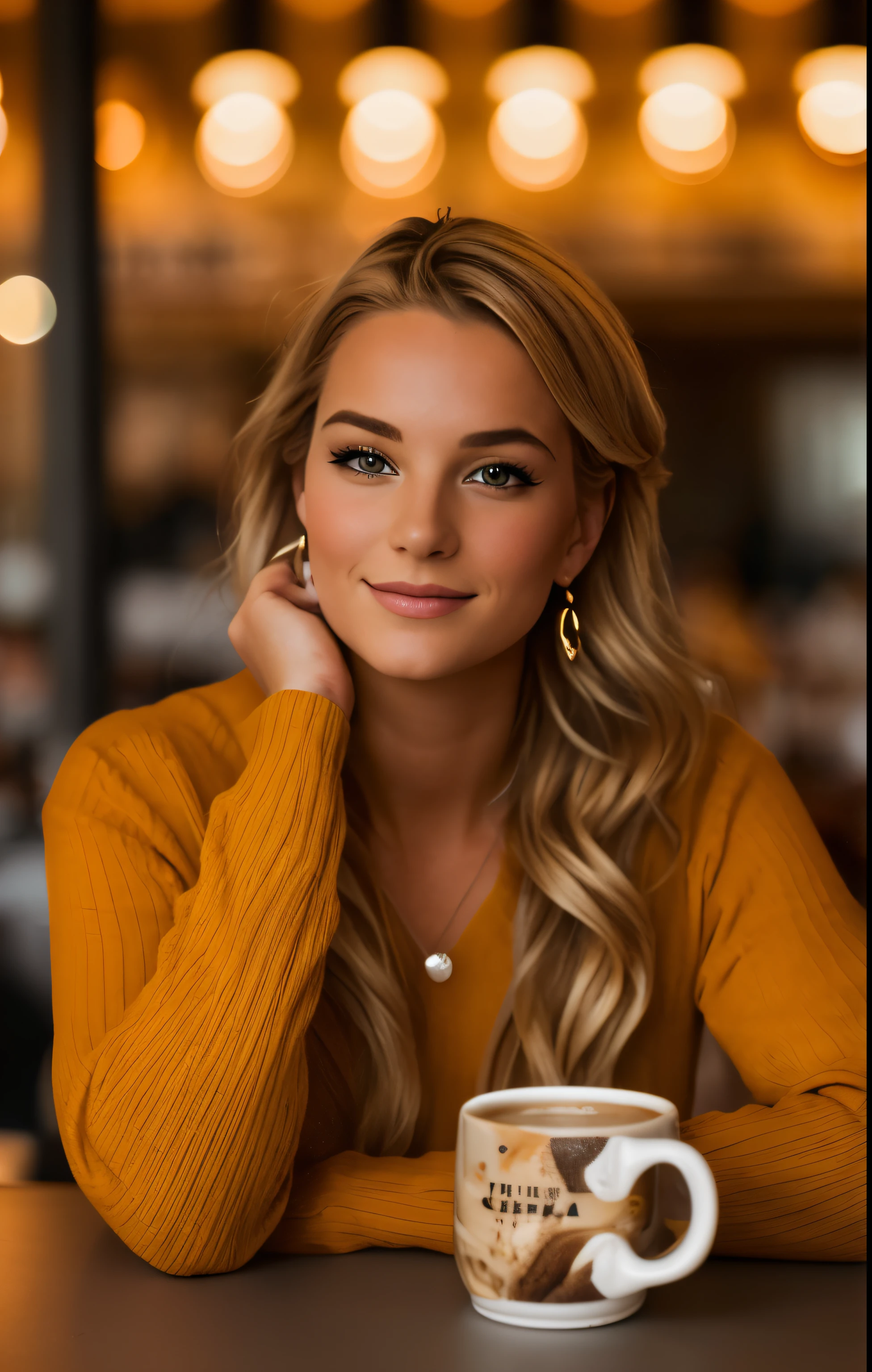 very beautiful blonde girl with long hair sitting at the table with a cup of coffee, Attractive woman, photo d'une très belle fille buvant du café, attractive girl, Portrait shot, very beautiful girl with liros hair Portrait 60mm, Tasting of'a coffee in a cafe, 7 0 mm portrait, mid shot portrait, sitting in a cafe, very beautiful girl with liros hair, photo de mode ultraréaliste