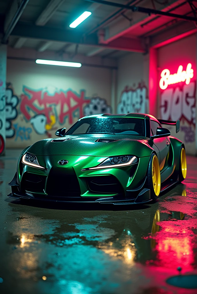 can u make a dark green supra mk 5 with bodykit in midnight graffiti garage with wet floor neon lights and yellow tires with flames. make the vehicle photo from the front and show me the entire vehicle