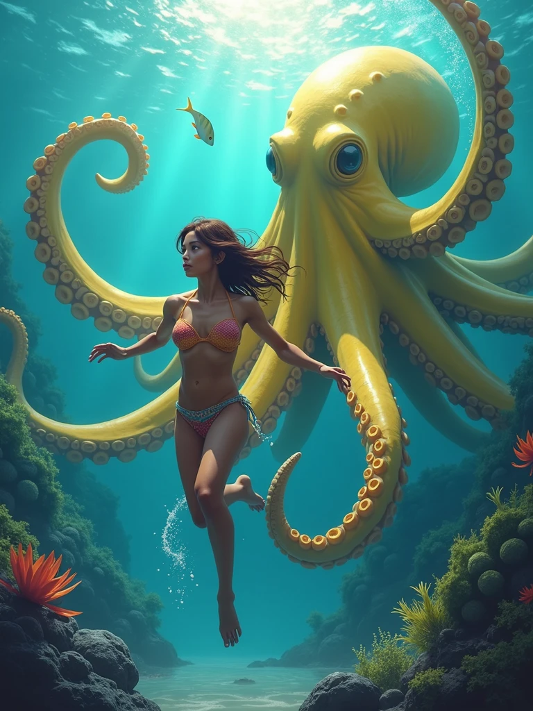 an underwater scene with a girl in bikini being chased by a giant yellow octopus