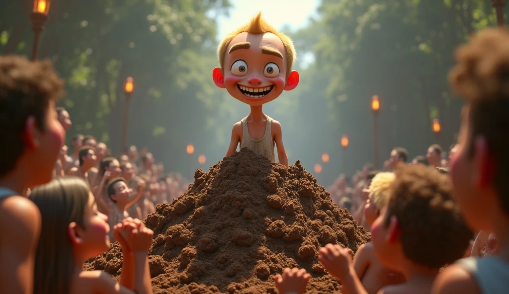 Im Stil von Pixar 3D-Animation filmen (Caricature). A blond man, skinny figure, dirty white undershirt, grinning evilly stands out from a large pile of feces. People stand around and pay homage to him.