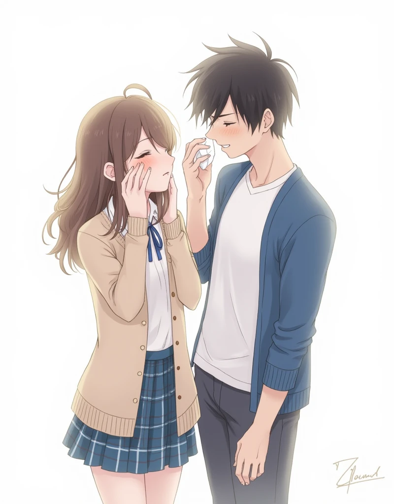 Create a anime style landscape image. Digital illustration in an anime style, featuring two characters in a close, emotional moment. The layout is centered, focusing on the two subjects. The female character has long, wavy brown hair and fair skin, with tears streaming down her face. She is wearing a beige cardigan over a white shirt and a blue plaid skirt, with a blue tie. The male character has short, tousled black hair and fair skin, and is gently wiping her tears with a tissue. He is dressed in a white t-shirt and a blue cardigan. The background is plain white, emphasizing the characters' interaction.