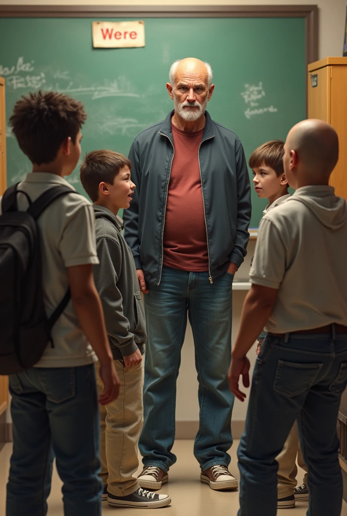 Create an image of boys bullying a bald guy and an art teacher giving a moral lesson to the bad boys