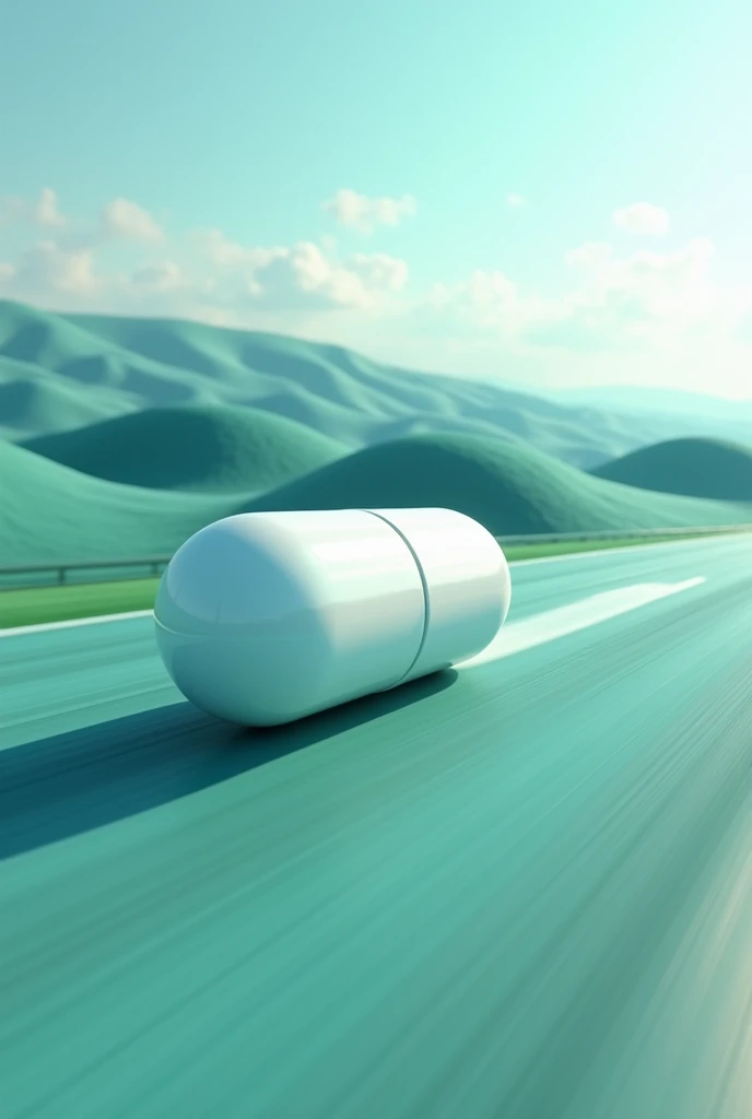 Imagine a cinematic photograph of a round white pill sliding at high speed from left to right. The pill, softly lit from the right, occupies a prominent foreground with sharp focus. The image features high contrast with intense hues of blue and green. The background shows a minimalist landscape of green valleys under a clear sky, slightly out of focus, highlighting the pill. Add lines of speed or motion that extend behind the pill, accentuating its rapid trajectory. Placed in a thirds shot, the pill stands out elegantly against the vibrant serenity of the surroundings.