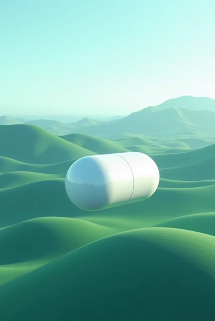Imagine a cinematic photograph of a round white pill sliding at high speed from left to right. The pill, softly lit from the right, occupies a prominent foreground with sharp focus. The image features high contrast with intense hues of blue and green. The background shows a minimalist landscape of green valleys under a clear sky, slightly out of focus, highlighting the pill. Add lines of speed or motion that extend behind the pill, accentuating its rapid trajectory. Placed in a thirds shot, the pill stands out elegantly against the vibrant serenity of the surroundings.